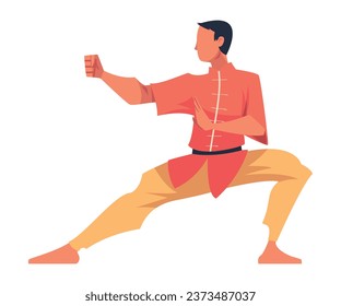 Man Engaged in Wushu or Kung fu as Martial Arts Vector Illustration