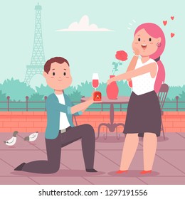 Man with engagement ring makes a proposal to girl in a romantic place. Loving couple in a cafe on city landscape background. Valentine's Day vector cartoon concept illustration.