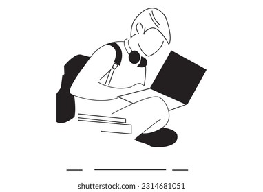 A man engages in studying while seated on top of a book, accompanied by a laptop computer. This vector based flat design illustration features a white background, portraying the concepts of work and e