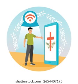 A man engaging with a smartphone displaying a religious cross and WiFi icon. Symbolizing spiritual digital connection. Distance help and support concept.