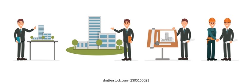 Man Engineer and Builder Working on Construction Site Vector Illustration Set