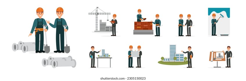 Man Engineer and Builder Working on Construction Site Vector Illustration Set