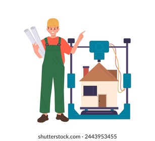 Man engineer cartoon character printing house model craft project on 3d printer isolated on white