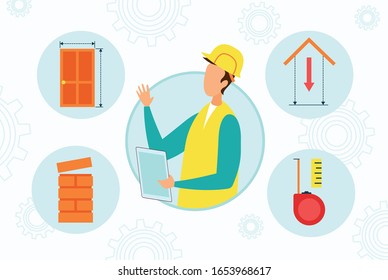Carácter de ingeniero manual con uniforme y portapapeles de protección para la firma de notas rodeadas de iconos de construcción como puerta, techo, chimenea para medir caricaturas Vector plano