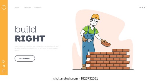 Man Engineer at Construction Site Landing Page Template. Builder Male Character in Helmet Holding Trowel Put Concrete for Laying Brick Wall Completed and Rejoice of Work. Linear Vector Illustration