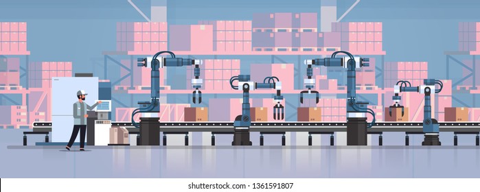 man engineer controlling conveyor belt line robotic hands factory automation production manufacturing process concept warehouse storage interior horizontal