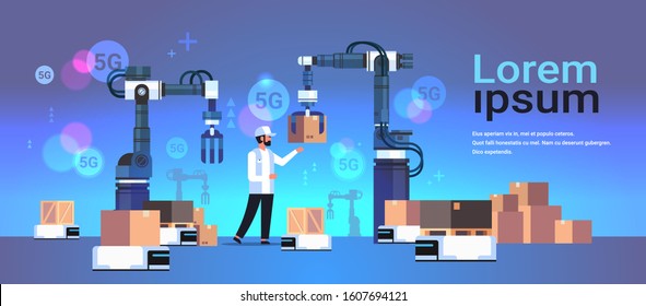 man engineer controlling robotic hands putting boxes on self driving robot delivery 5G online wireless communication concept horizontal copy space vector illustration