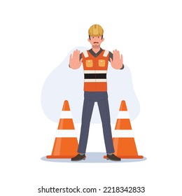 Man engineer doing NO STOP hand sign gesture, with Traffic Cone. No entry do not enter. Vector illustration