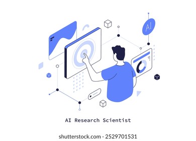 El ingeniero que interactúa con el software de la computadora resuelve tareas. ILUSTRACIÓN VECTORIAL isométrica del concepto del científico de la investigación de la IA. Especialista masculino calificado que utiliza la composición de personajes de dibujos animados de tecnología