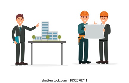 Man Engineer Presenting Draft and Builder Working on Construction Site Vector Illustration Set