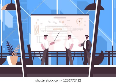 Man engineer showing on blackboard information vector illustration. Worker making presentation with drawings at office flat style concept. Professionals team