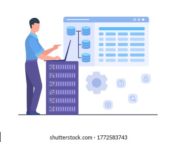 Man engineer stand work on laptop maintenance database server service storage internet tec.