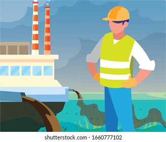 man engineer standing the factory, environmental pollution vector illustration design