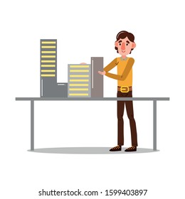 Man engineer standing and fixing construstion models vector illustration