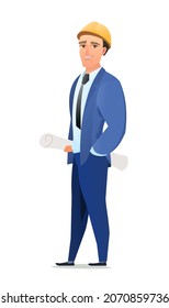 Man engineer in suit and protective helmet. Office guy at construction site. Cheerful person. Standing pose. Single Character cartoon comic style. Illustration isolated on white background. Vector