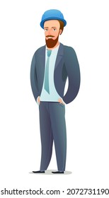 Man engineer in suit and protective helmet. Office guy at construction site. Cheerful person. Standing pose. Single Character cartoon comic style. Illustration isolated on white background. Vector