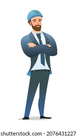 Man engineer in suit and protective helmet. Office guy at construction site. Cheerful person. Standing pose. Single Character cartoon comic style. Illustration isolated on white background. Vector.