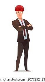 Man engineer in suit and protective helmet. Office guy at construction site. Cheerful person. Standing pose. Single Character cartoon comic style. Illustration isolated on white background. Vector.