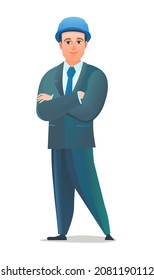 Man engineer in suit and protective helmet. Office guy at construction site. Cheerful person. Standing pose. Single Character cartoon comic style. Illustration isolated on white background. Vector.