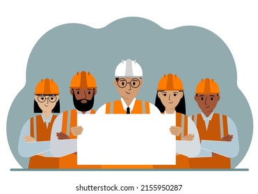 Equipo de ingenieros y equipo de construcción con una hoja de papel en blanco. Concepto de constructor, ingeniero, planificador o diseñador. Ilustración plana vectorial.