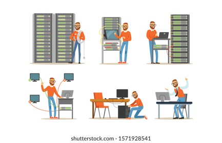 Man Engineer Working in Server Room. Digital Computer Center and Data Support