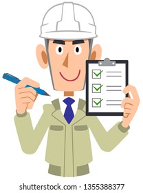 Man of the engineering firm which holds a check list in a hand, helmet