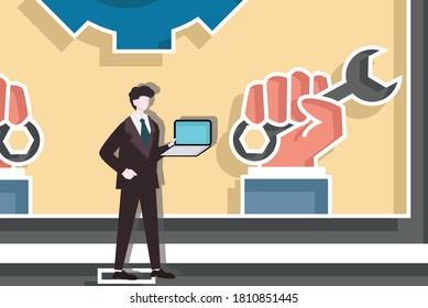 Man with engineering hand concept. Creative idea design. Flat vector for template, brochure or presentation.