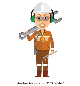 A man in engineering or worker service suit with safety helmet , Flat color illustrator vector design , industrial and maintenance service concept