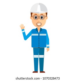 A man in engineering or worker service suit with safety helmet , Flat color illustrator vector design , industrial and maintenance service concept