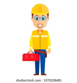 A man in engineering or worker service suit with safety helmet , Flat color illustrator vector design , industrial and maintenance service concept