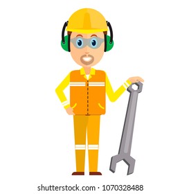 A man in engineering or worker service suit with safety helmet , Flat color illustrator vector design , industrial and maintenance service concept