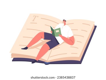 Man Engrossed In Reading Lying on Huge Open Book. Male Character Immersed In A World Of Words, Vector Illustration