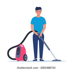Man Enjoy Cleaning House with Vacuum Cleaner. Smiling man cleans the house. Man character vacuuming the floor. Cleaning service. Housekeeping. Vector illustration