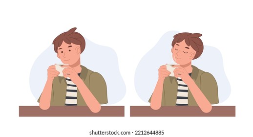 A man enjoy drinks. A man holding a coffee cup in hands and smelling aroma of coffee. Vector illustration.