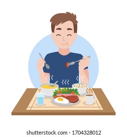 Man enjoy eating clean hot foods, sausage, fried egg, soup and salad. Healthcare concept cartoon.