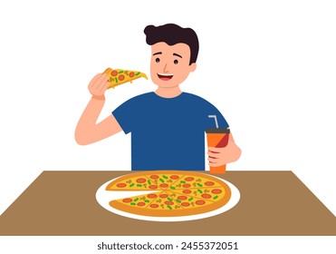 Man enjoy eating pizza in flat design on white background.