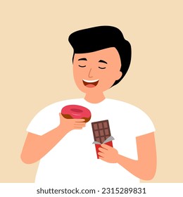 Man enjoy eating sweet food as doughnut and chocolate in flat design.