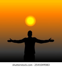 Man enjoy life standing outside with his hands raised towards sunrise sky