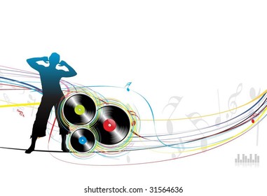 a man enjoy music in rainbow wave line background