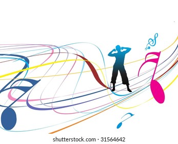 a man enjoy music in rainbow wave background