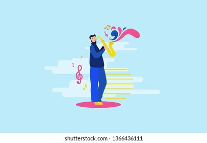 A Man enjoy playing jazz music with Saxophone instrument in modern illustration design