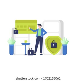 Man enjoy show data and file security services on computer and website, vector illustration, suitable for landing page, ui, website, mobile app, editorial, poster, flyer, article, and banner