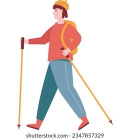 Man enjoy sticks nordic walking vector icon