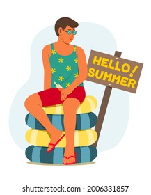 Man is Enjoy the Summer Season While Sitting on Pile of the Inflatable Ring.