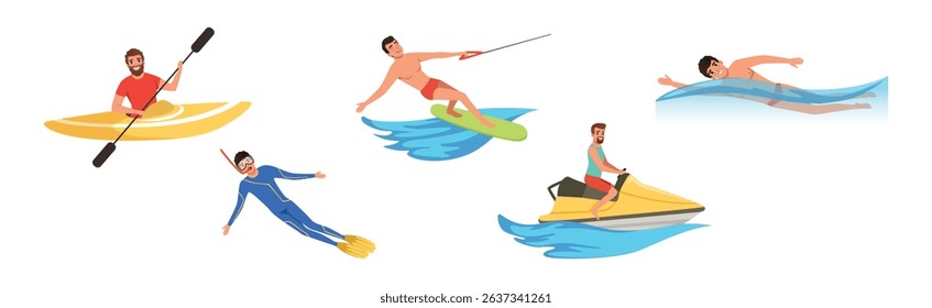 Man Enjoy Water Sport Activity Vector Set