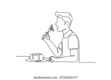 Un hombre disfrutando del desayuno en la mesa. Concepto de la hora del desayuno. Diseño de dibujo de línea única. Ilustración gráfica de Vector