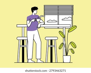 Man enjoying a coffee break at a high table by window with blinds, plants, and outside view, modern interior style.
