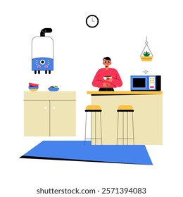 Man Enjoying Coffee In Cozy Kitchen With Microwave And Furniture In Flat Vector Illustration Symbolizing Morning Routine, Comfort, And Relaxation, Isolated On White Background