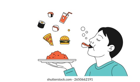 Man enjoying delicious junk food items tossed in the air above a plate of food