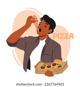 Man Enjoying Delicious Slice Of Pizza, With Melted Cheese And Savory Toppings. Male Character in Pizza Restaurant, Food Delivery Services, Or Snack Food Products. Cartoon People Vector Illustration